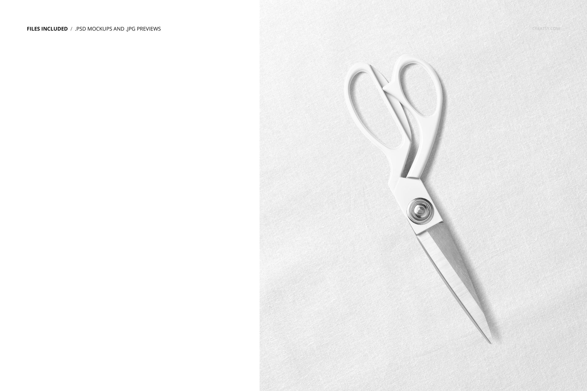 Cotton fabric mockup featuring patterned white scissors lying on a plain fabric, viewed from above.