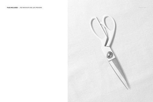 Cotton fabric mockup featuring patterned white scissors lying on a plain fabric, viewed from above.