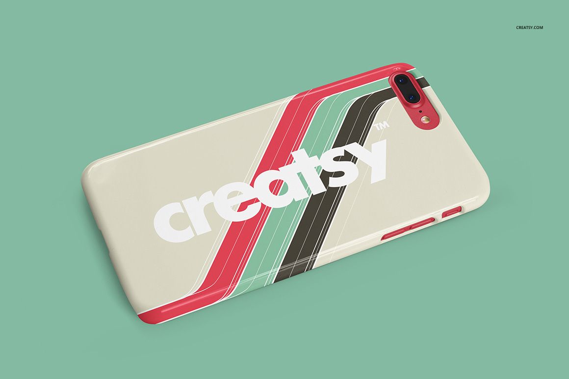 iPhone 7 Plus glossy case mockup featuring diagonal red, green, and black stripes with large white lettering, angled display.