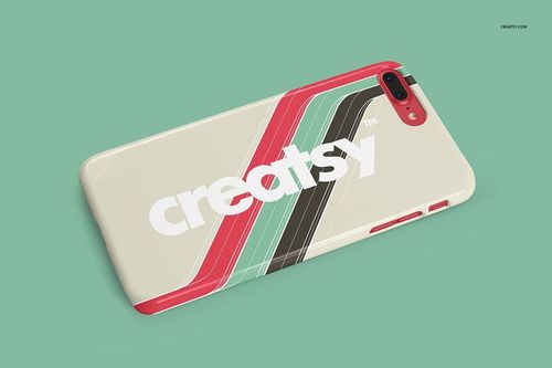 iPhone 7 Plus glossy case mockup featuring diagonal red, green, and black stripes with large white lettering, angled display.