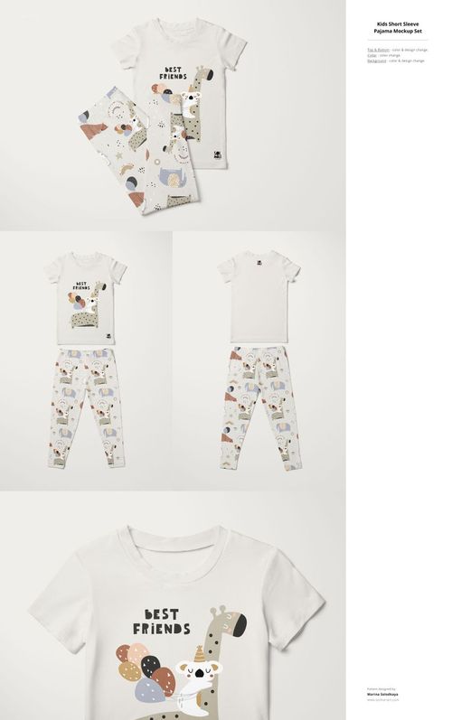 Flat lay of kids essentials mockup bundle featuring a white t-shirt and pajama pants with colorful animal prints.