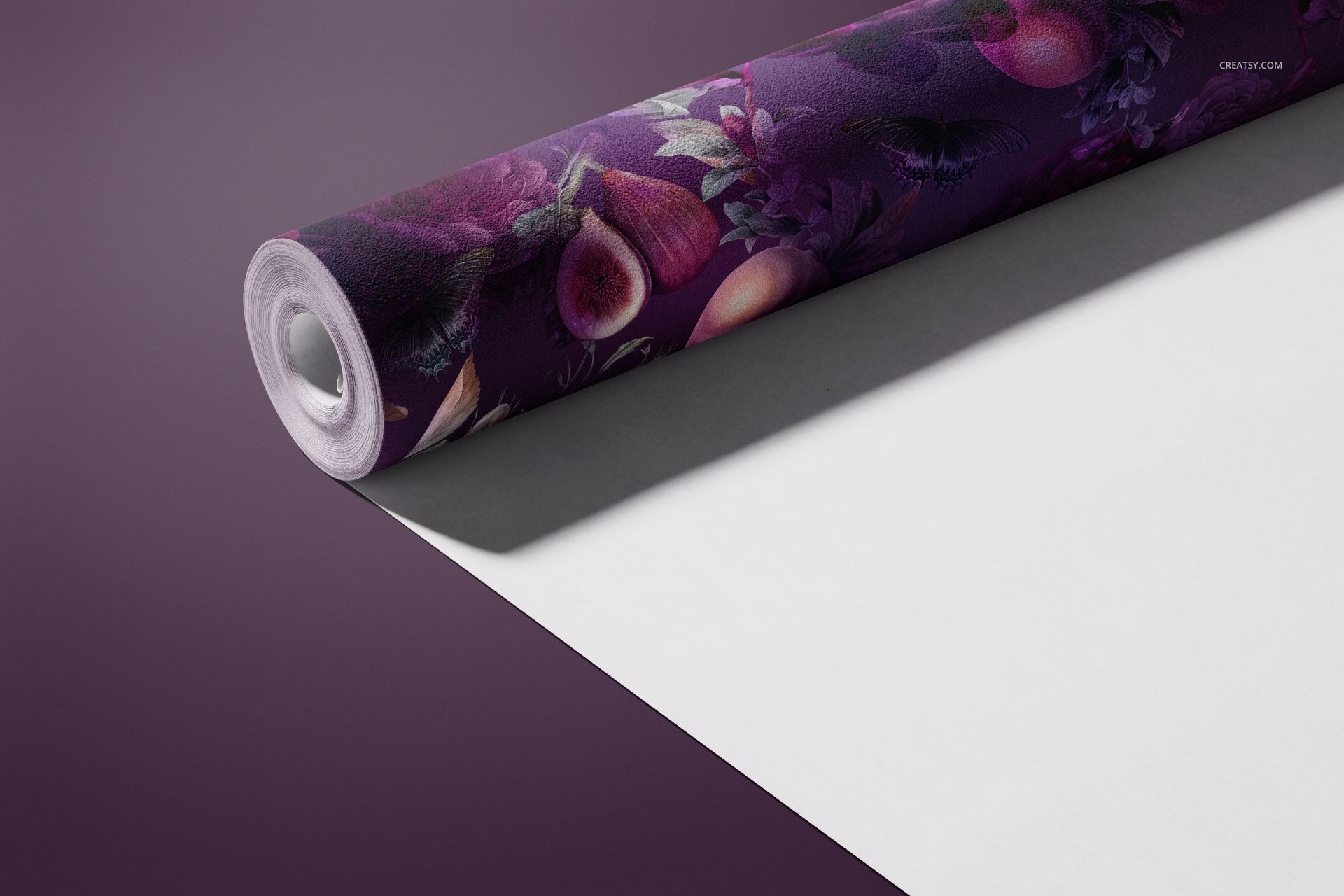 PSD mockup of a wallpaper roll showing a detailed purple floral and fruit print against a matching purple background.