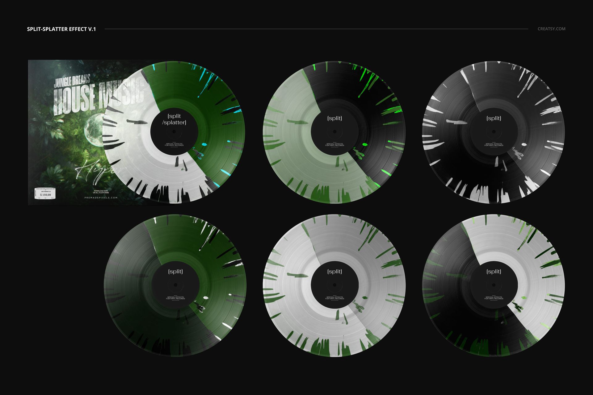 Front view of six vinyl records with split splatter green and black patterns, alongside a matching record cover mockup.