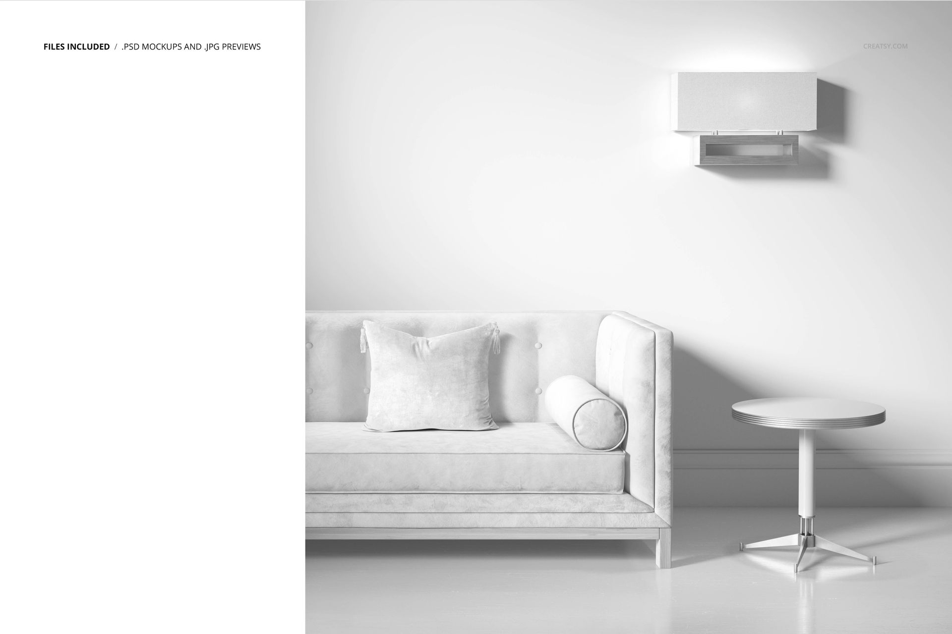 Front view of a velvet sofa with two cushions next to a round coffee table in a minimalist white room mockup.