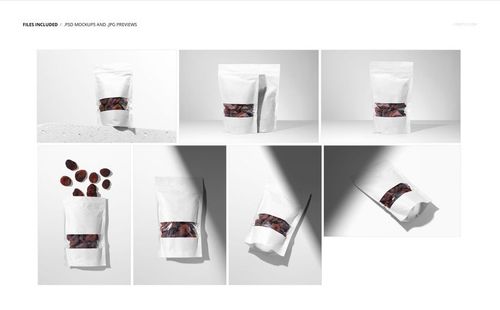 Seven views of a white paper pouch packaging mockup for dried apricots, including front, back, flat lay, and close-up perspectives.