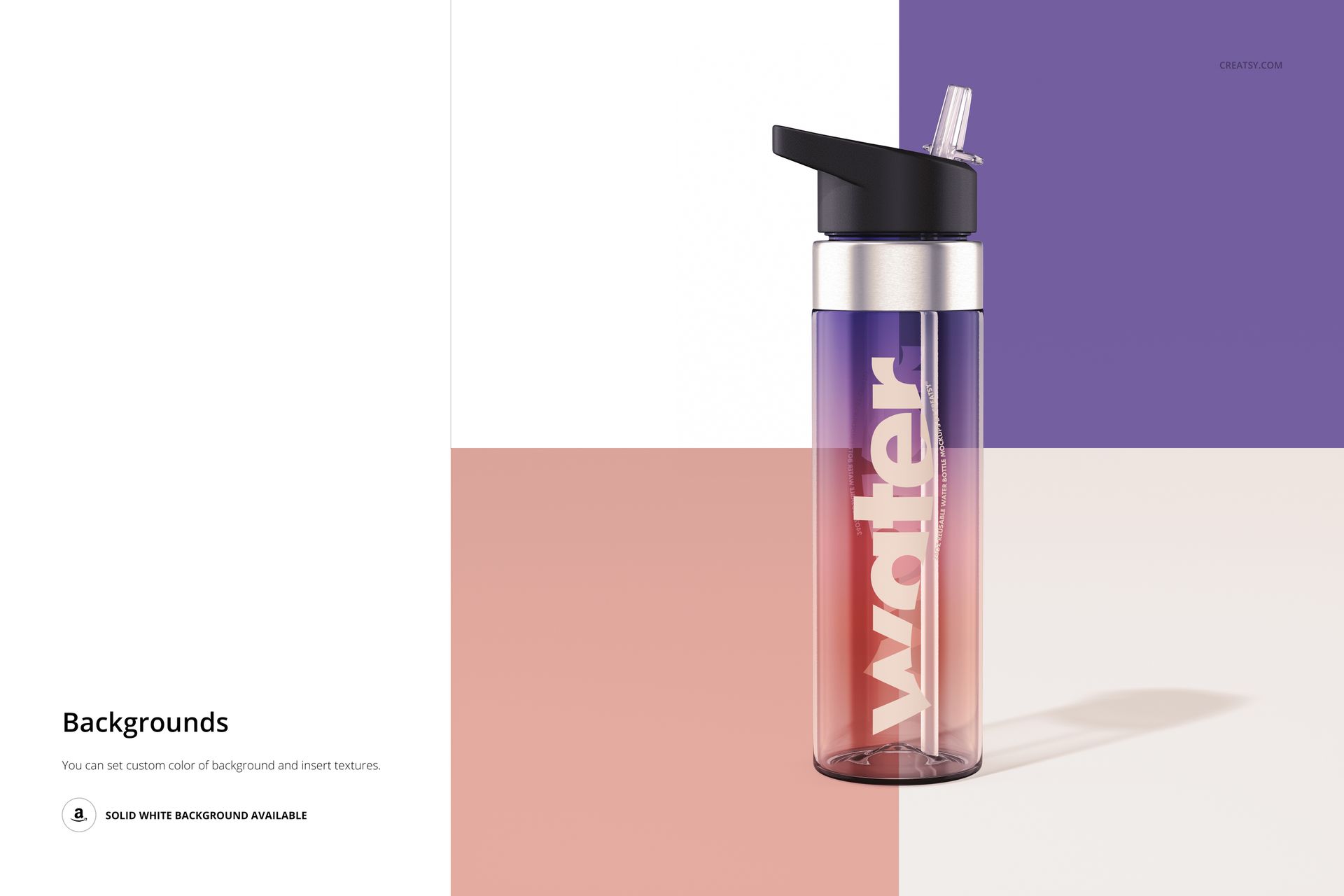 24 oz acrylic water bottle mockup featuring a gradient design, metallic lid, and straw, placed on a geometric background.