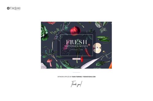 Front view of a linen drawstring pouch mockup with botanical pattern, featuring leaves, mushrooms, and fruits.