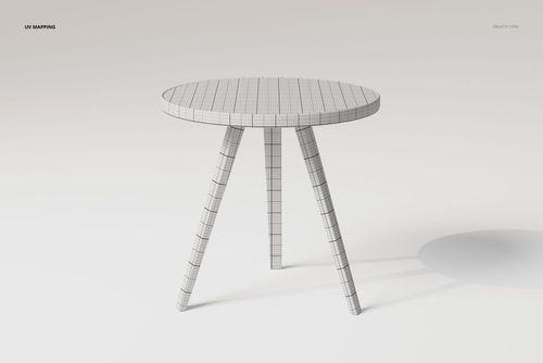 Round three legged table with a grid pattern, shown from a front angle on a light neutral background.