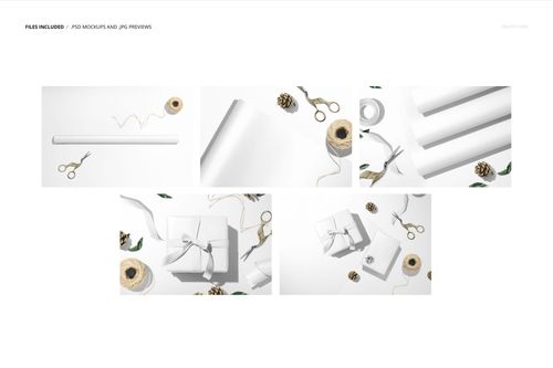 Wrapping paper mockup set featuring white sheets and rolls, scissors, twine, and pinecones in a top view layout.