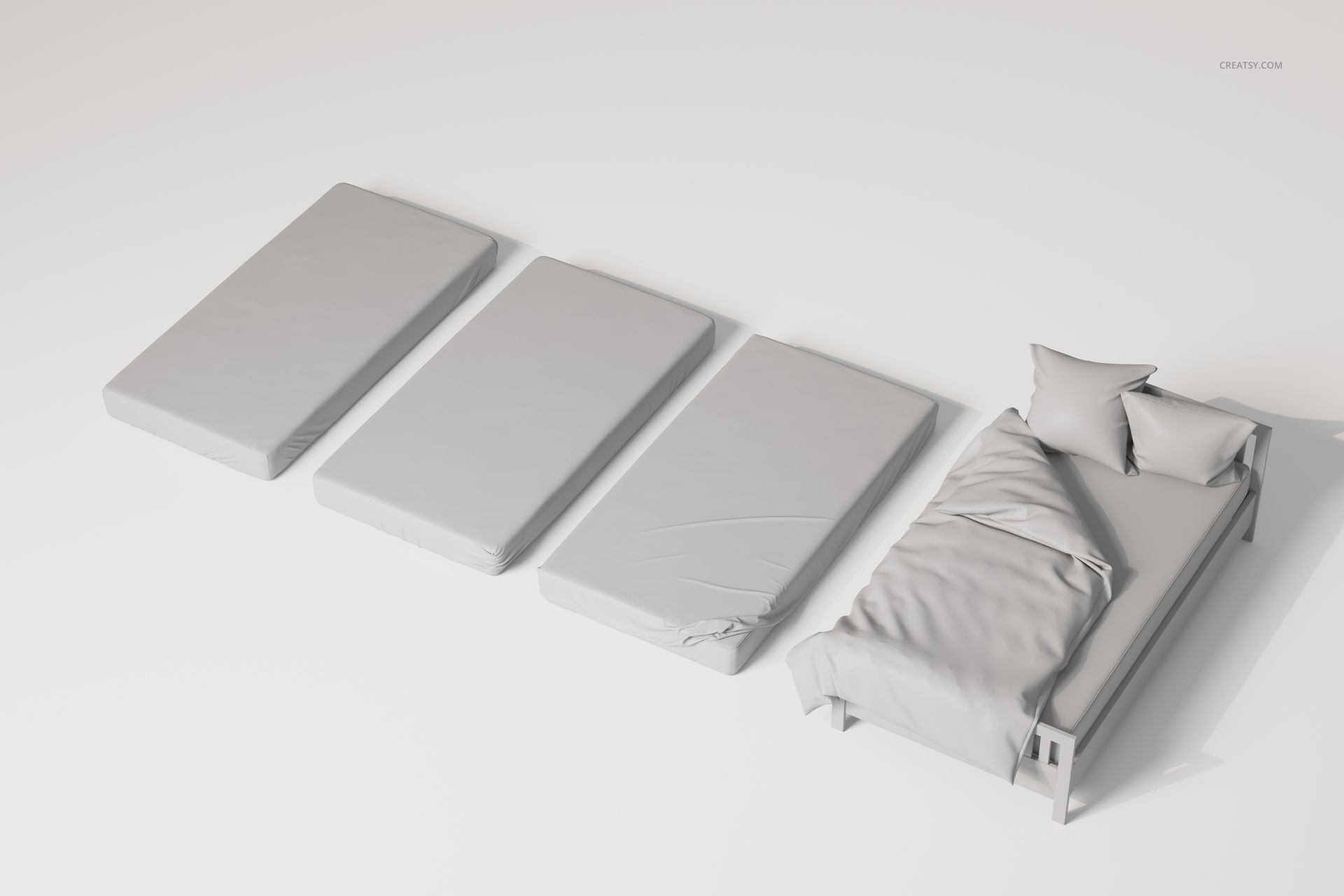 Twin bed with pillows and blanket next to three mattresses covered with different plain bed sheets, top view.