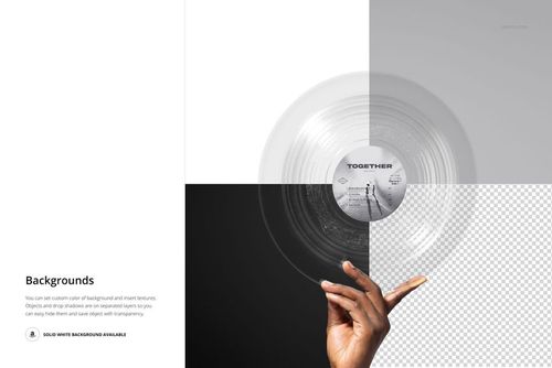Hand holding a clear vinyl record with a monochrome label, shown against four different background styles in a mockup scene.
