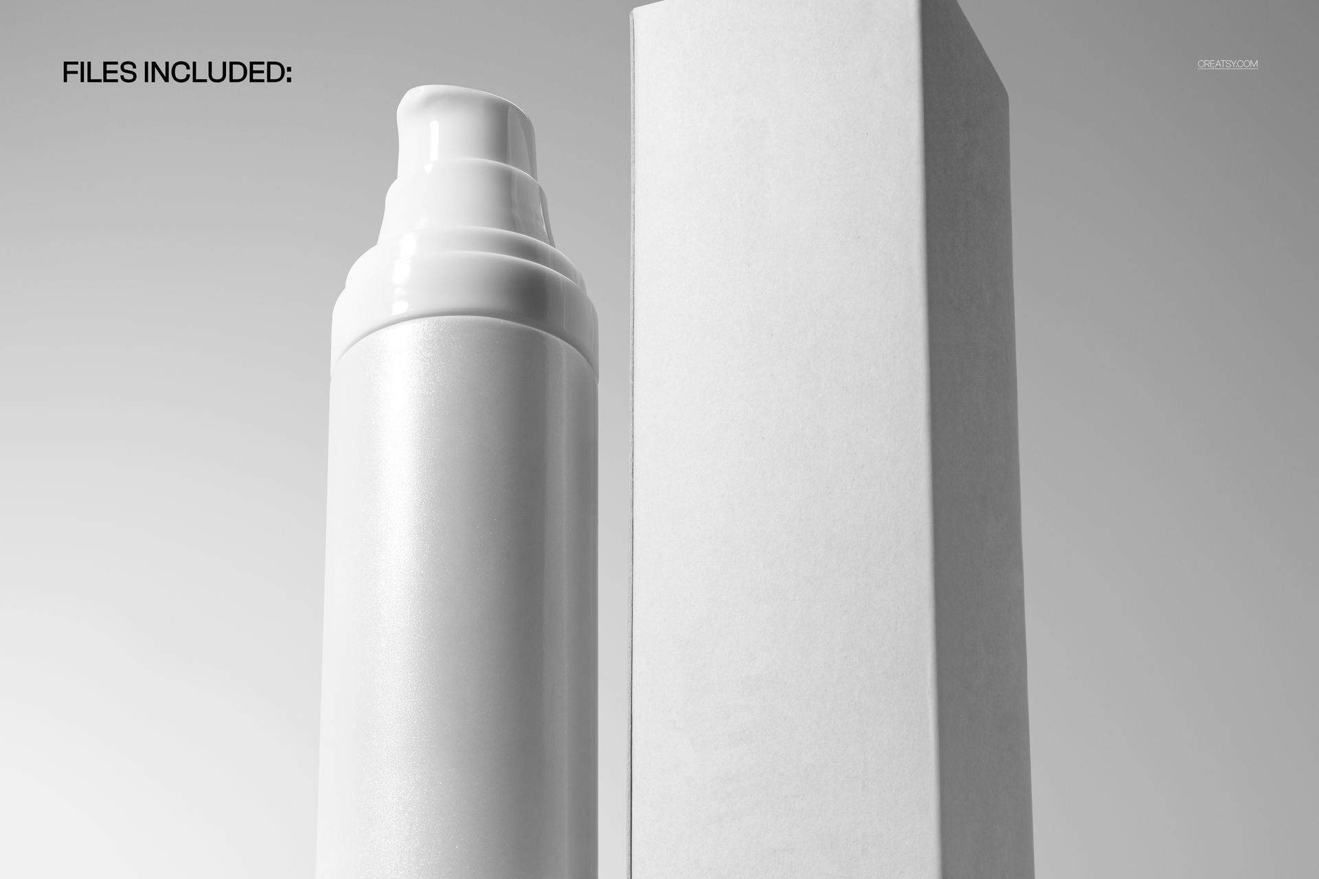 Close-up of a white airless bottle with a pump and a matching box, shown in a minimalistic mockup scene.