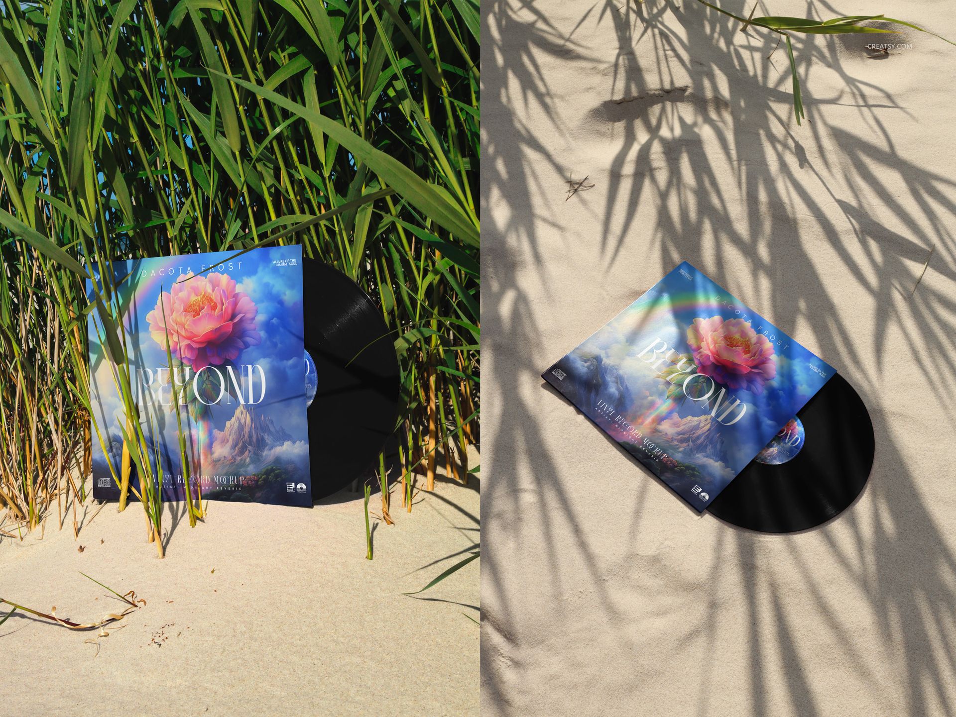 Mockup of a vinyl record with vibrant cover art, set on textured sand with natural grass and soft shadows.