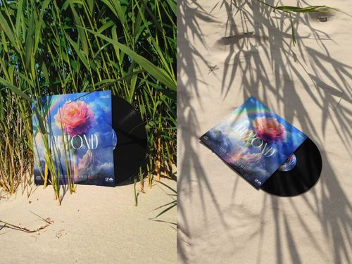 Mockup of a vinyl record with vibrant cover art, set on textured sand with natural grass and soft shadows.