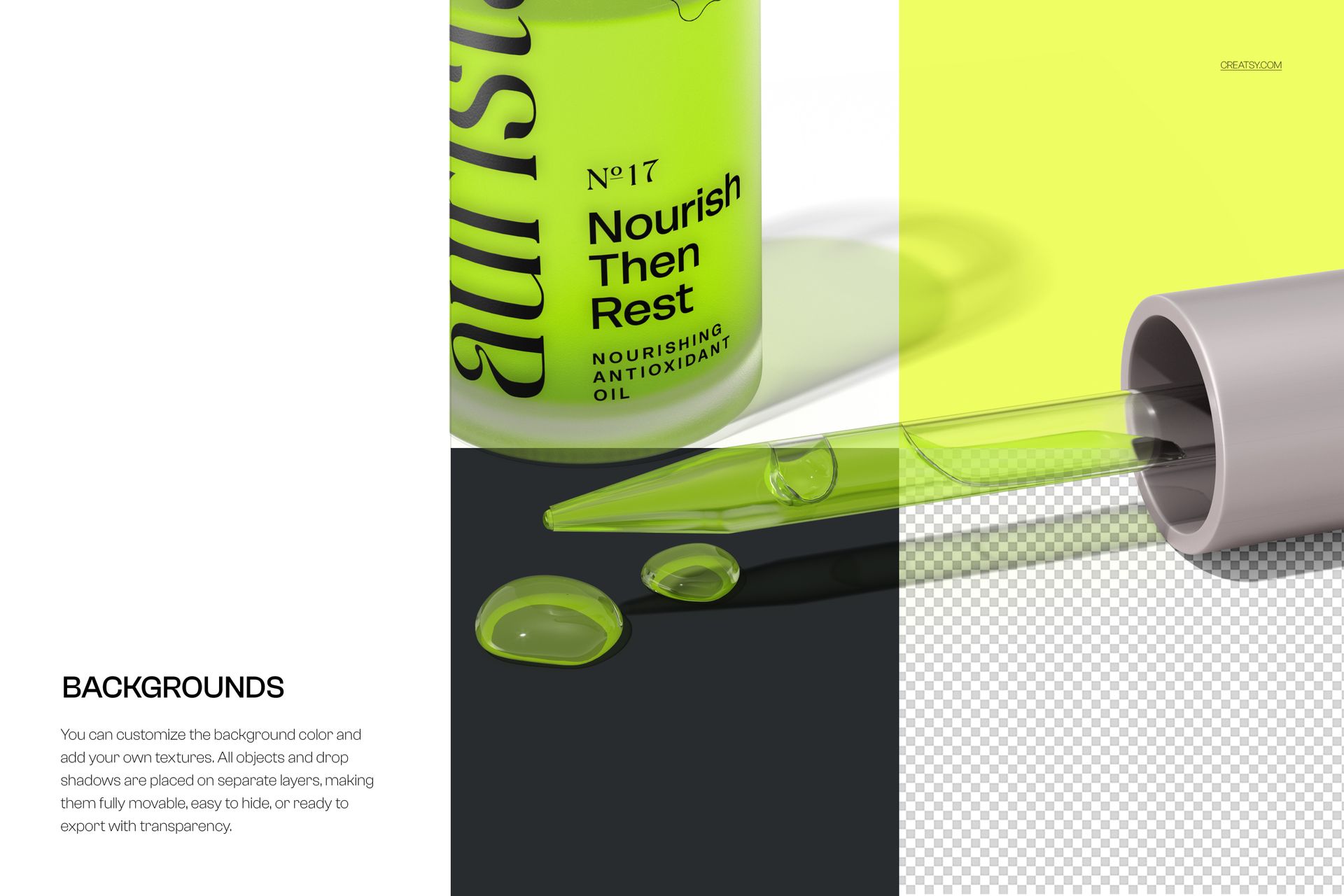PSD mockup featuring a pipette releasing green liquid drops beside a matching serum bottle on a divided backdrop.