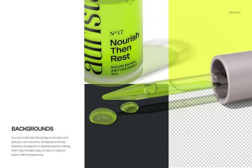 PSD mockup featuring a pipette releasing green liquid drops beside a matching serum bottle on a divided backdrop.