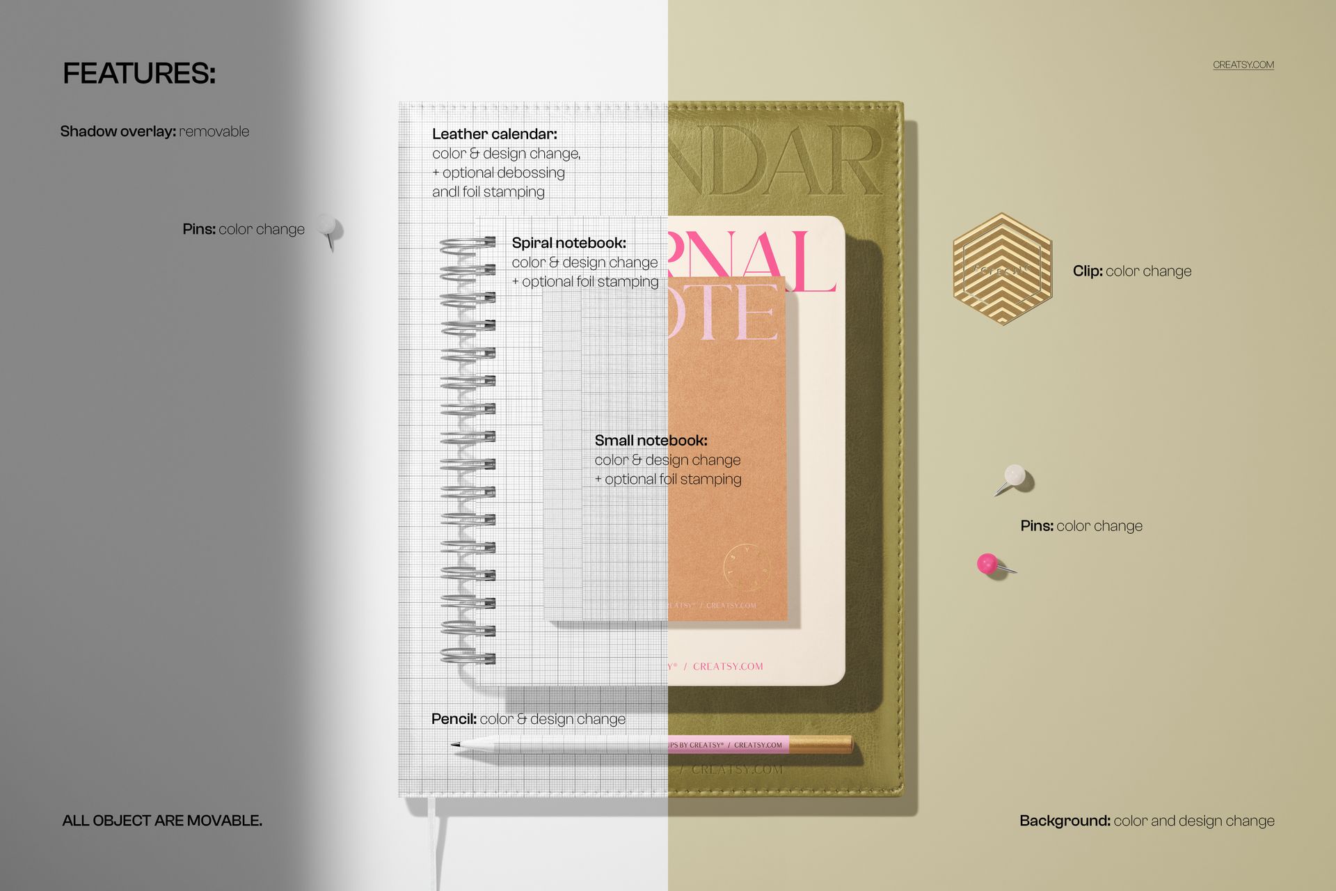 Top view of a leather planner, spiral journal, and small notebook mockup with pencil and pen on a split background.