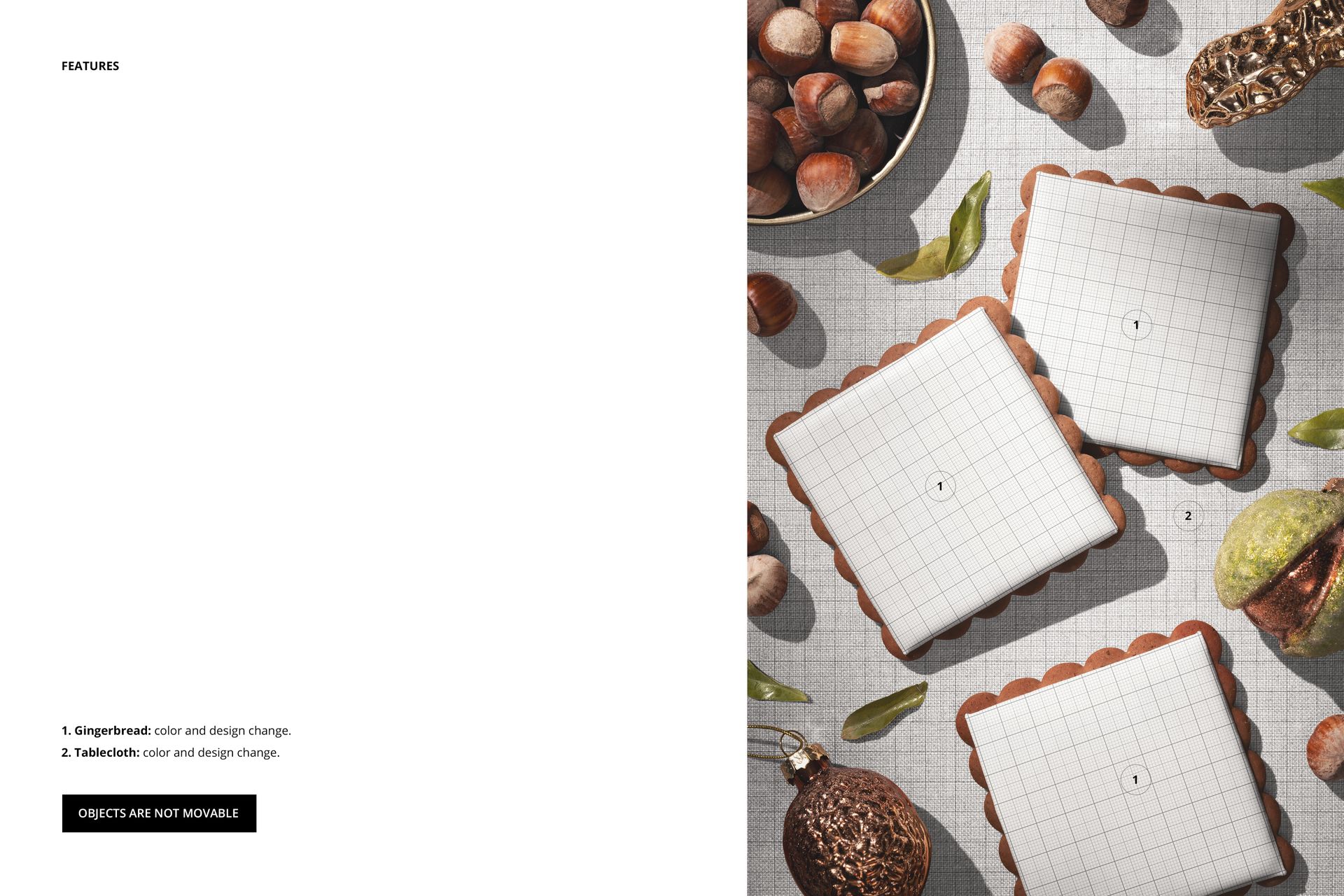 PSD mockup showing square gingerbread toppers with white grid surfaces, placed among assorted nuts and seeds.