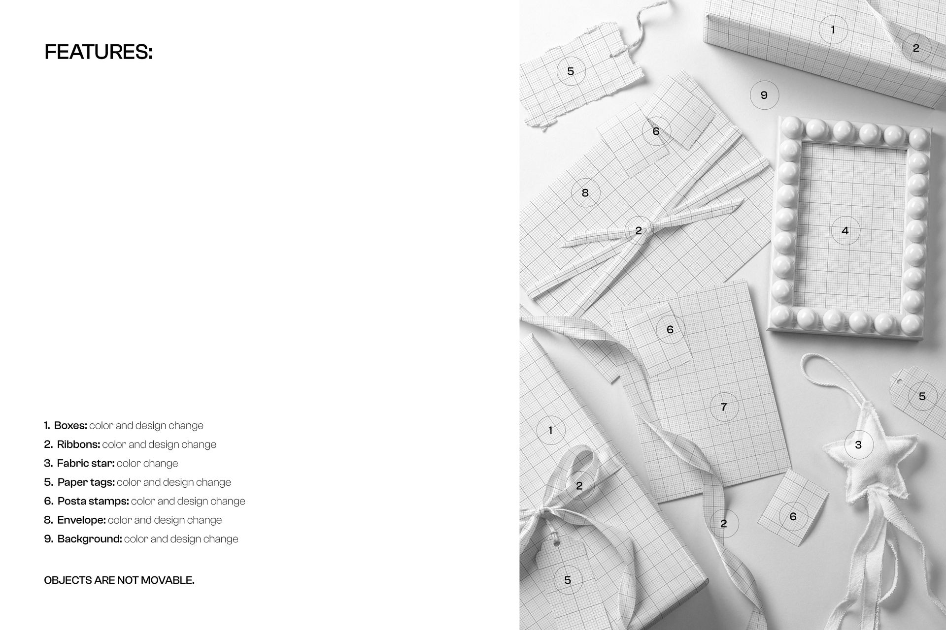 Top view of holiday packaging stationery mockup featuring boxes, ribbons, gift tags, and envelopes in a grid pattern.