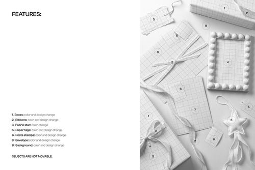 Top view of holiday packaging stationery mockup featuring boxes, ribbons, gift tags, and envelopes in a grid pattern.