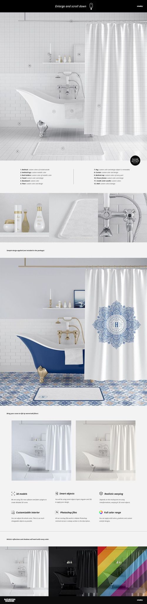 White bath curtain mockup displayed in a modern bathroom with a freestanding tub and tiled walls, front view.