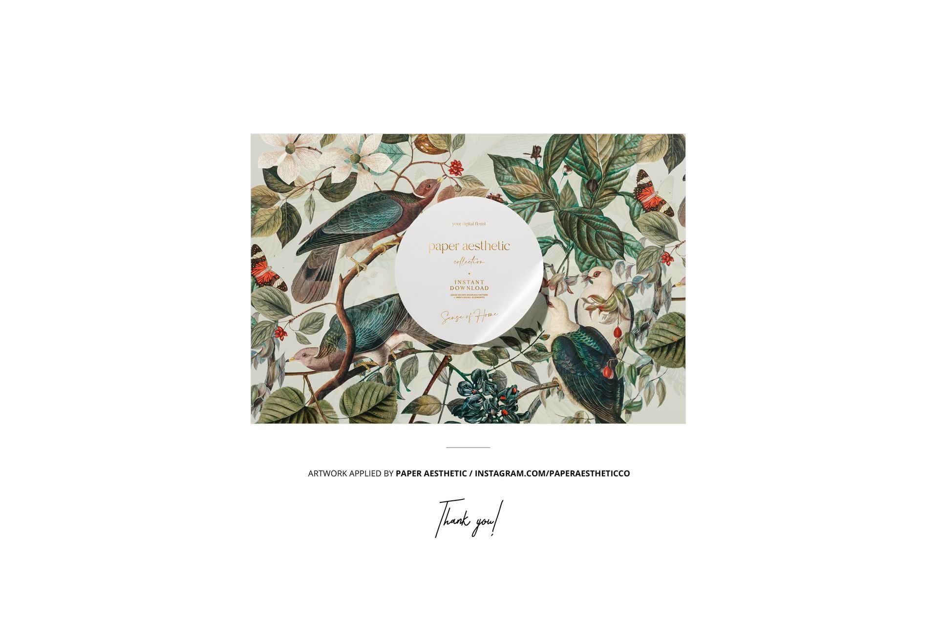 Front view of a grosgrain ribbon mockup featuring a floral and bird pattern in green, red, and cream tones.