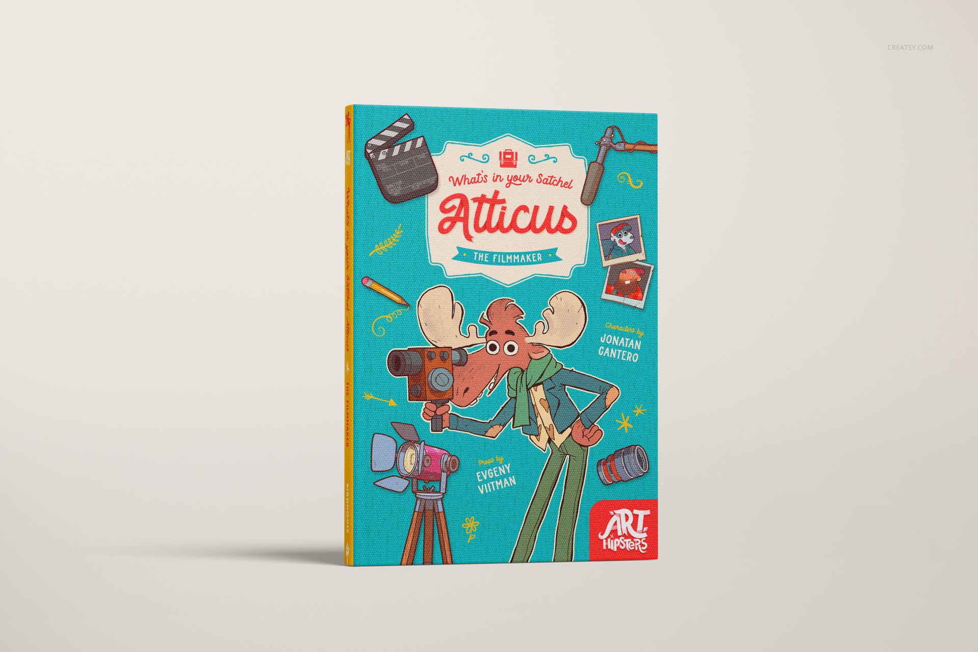 PSD mockup of a hardcover book with a vibrant illustrated design, standing upright against a plain light backdrop.