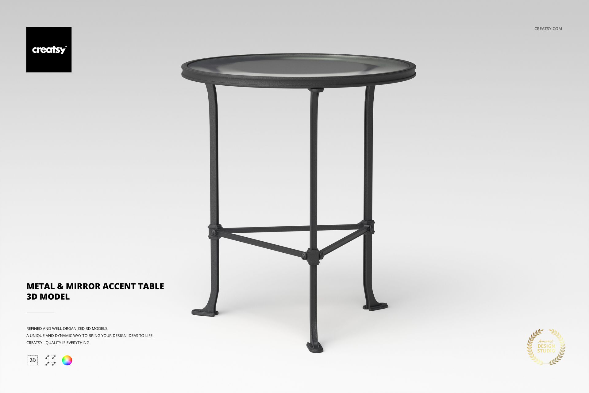 Round metal accent table with a mirrored top, shown from a front angle on a plain light background.