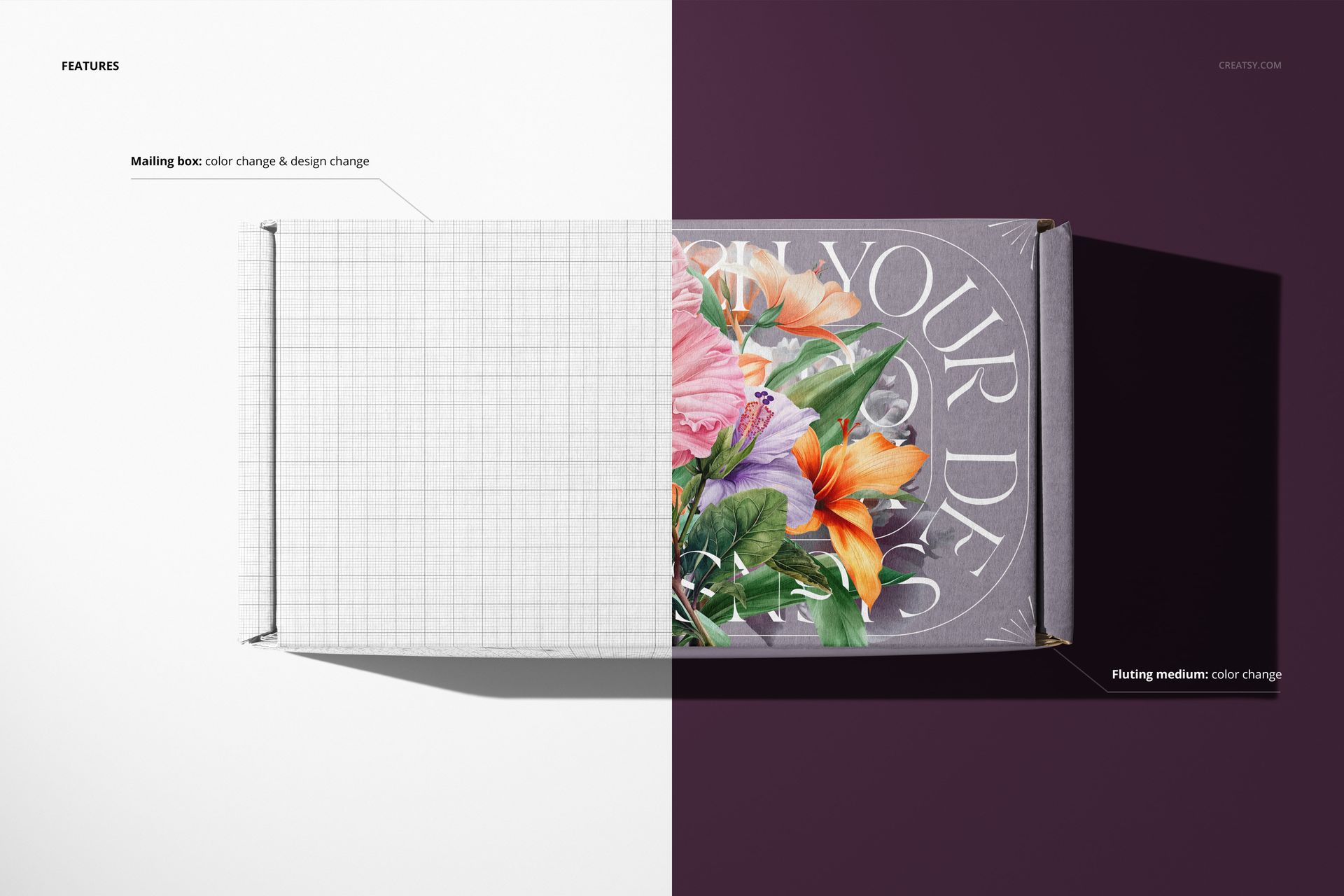 Narrow cardboard mailing box mockup shown from top view, half with grid pattern and half with floral design on purple background.