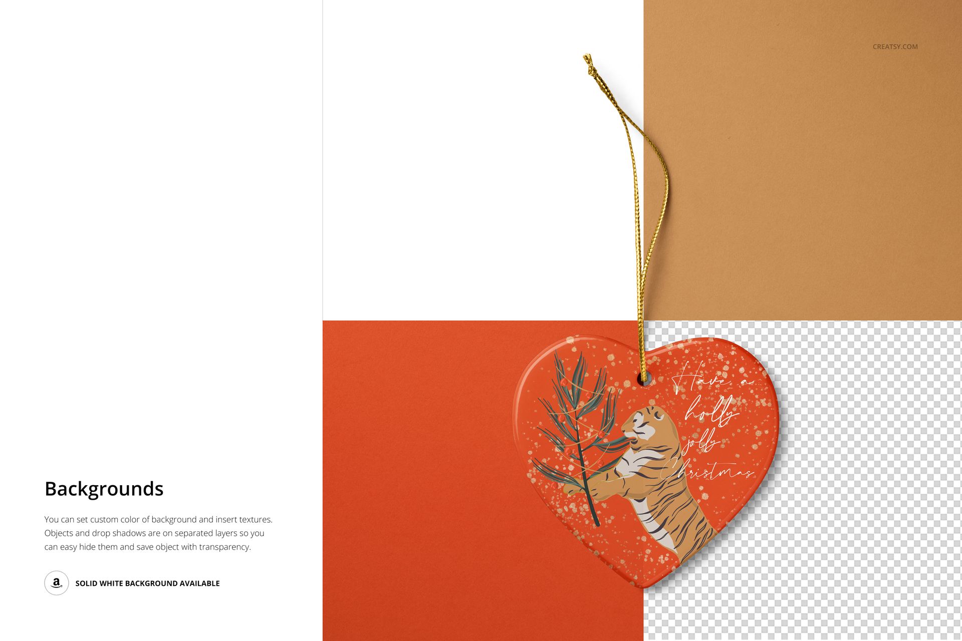 Heart-shaped ceramic ornament mockup with orange background, featuring a tiger illustration and gold hanging string.