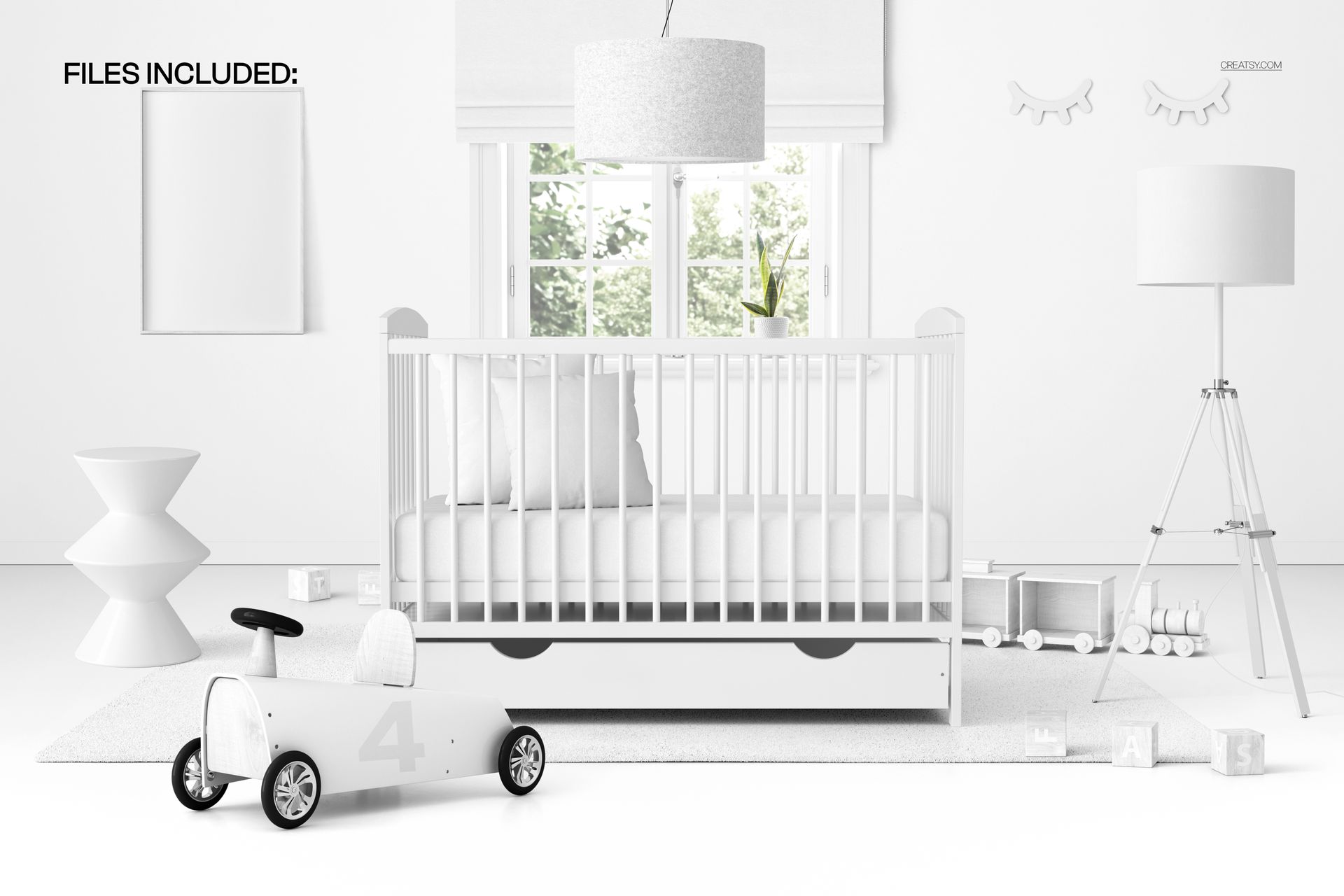 PSD mockup featuring a baby crib with storage drawer, white nursery setting, decorative lamp and toy car.