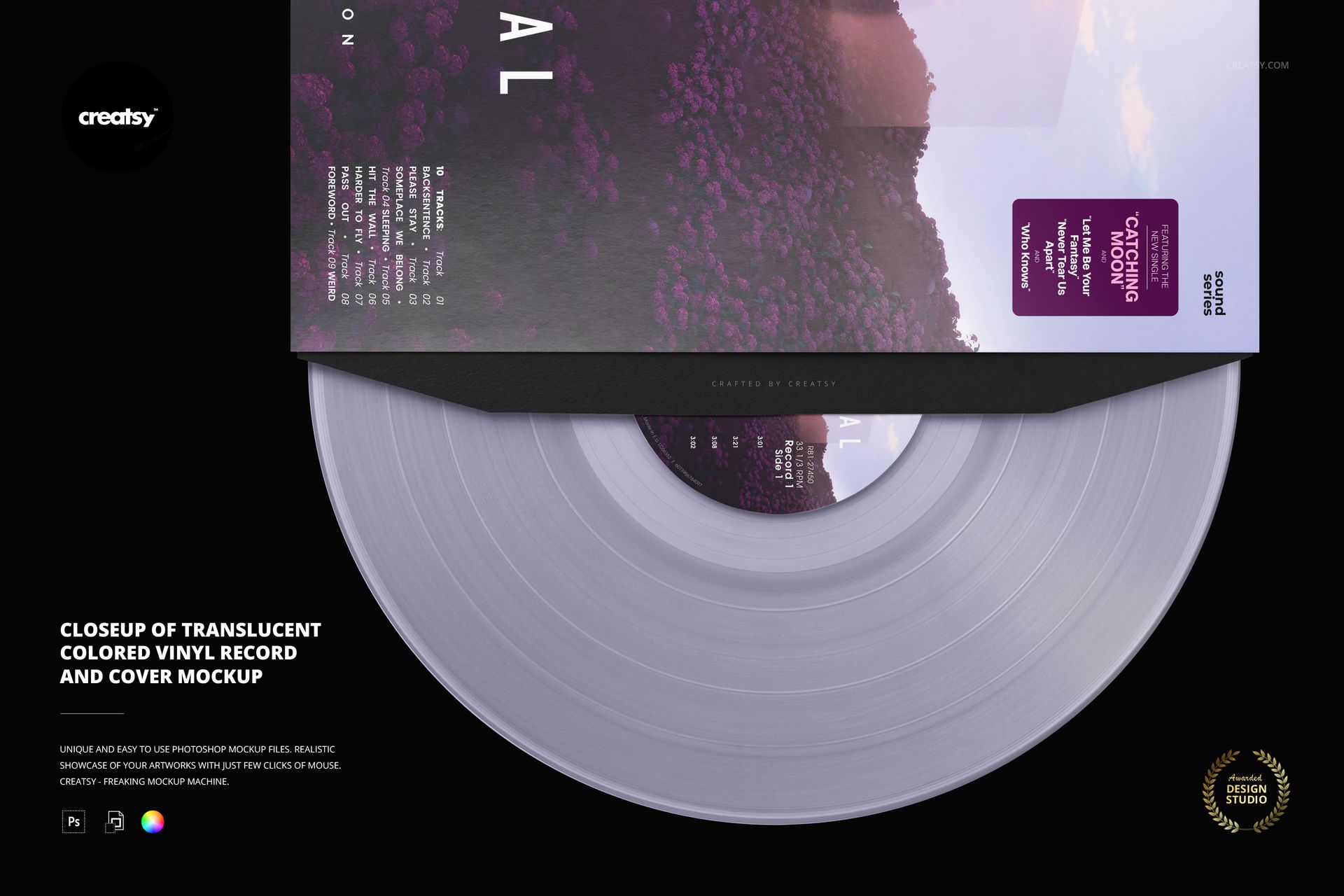 Close-up view of a translucent colored vinyl record partially tucked under a printed cover, set on a black background.