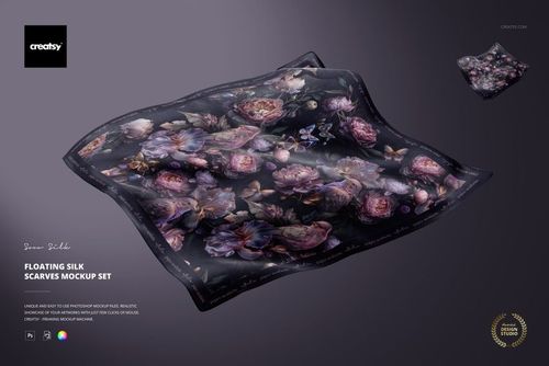 PSD mockup of a square silk scarf featuring a detailed flower design, displayed floating with soft shadows.