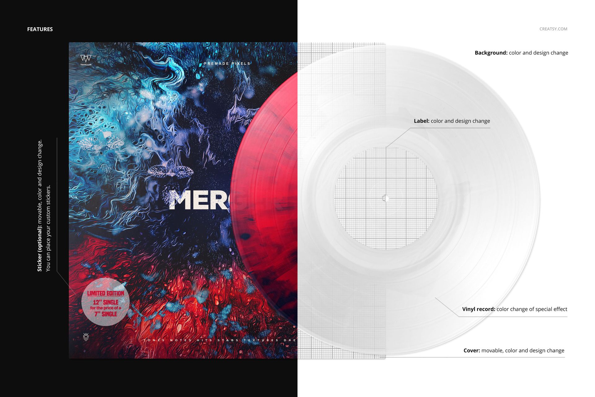 Front view of a marbled effect vinyl record and cover mockup, featuring swirling blue and red patterns and editable design areas.