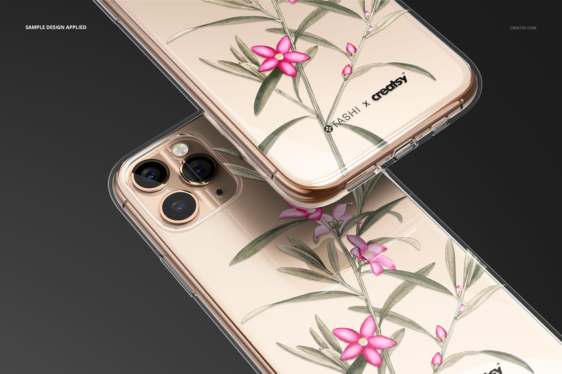 PSD mockup of a transparent iPhone 11 Pro case featuring green leaves and pink flowers, displayed from two angles.