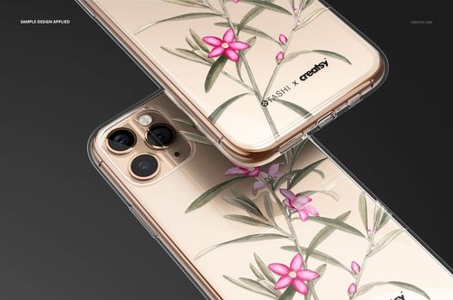 PSD mockup of a transparent iPhone 11 Pro case featuring green leaves and pink flowers, displayed from two angles.