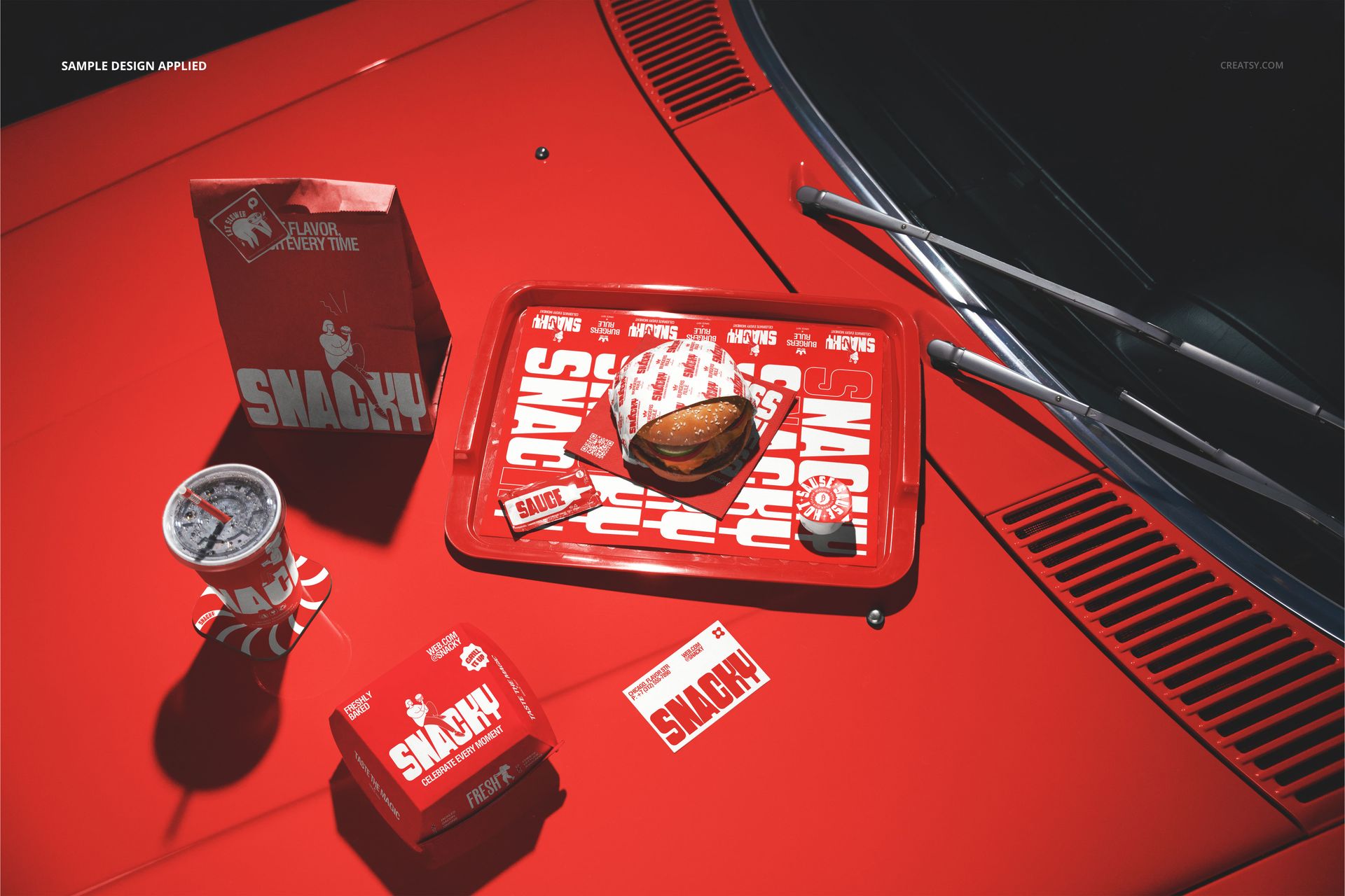 Fast Food Burger Branding on Car Hood Mockup - mockup screenshot 4