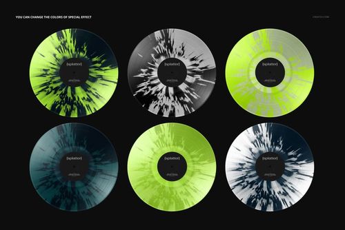 PSD mockup showing six vinyl records with bold splatter patterns in various green and gray shades, set against black.