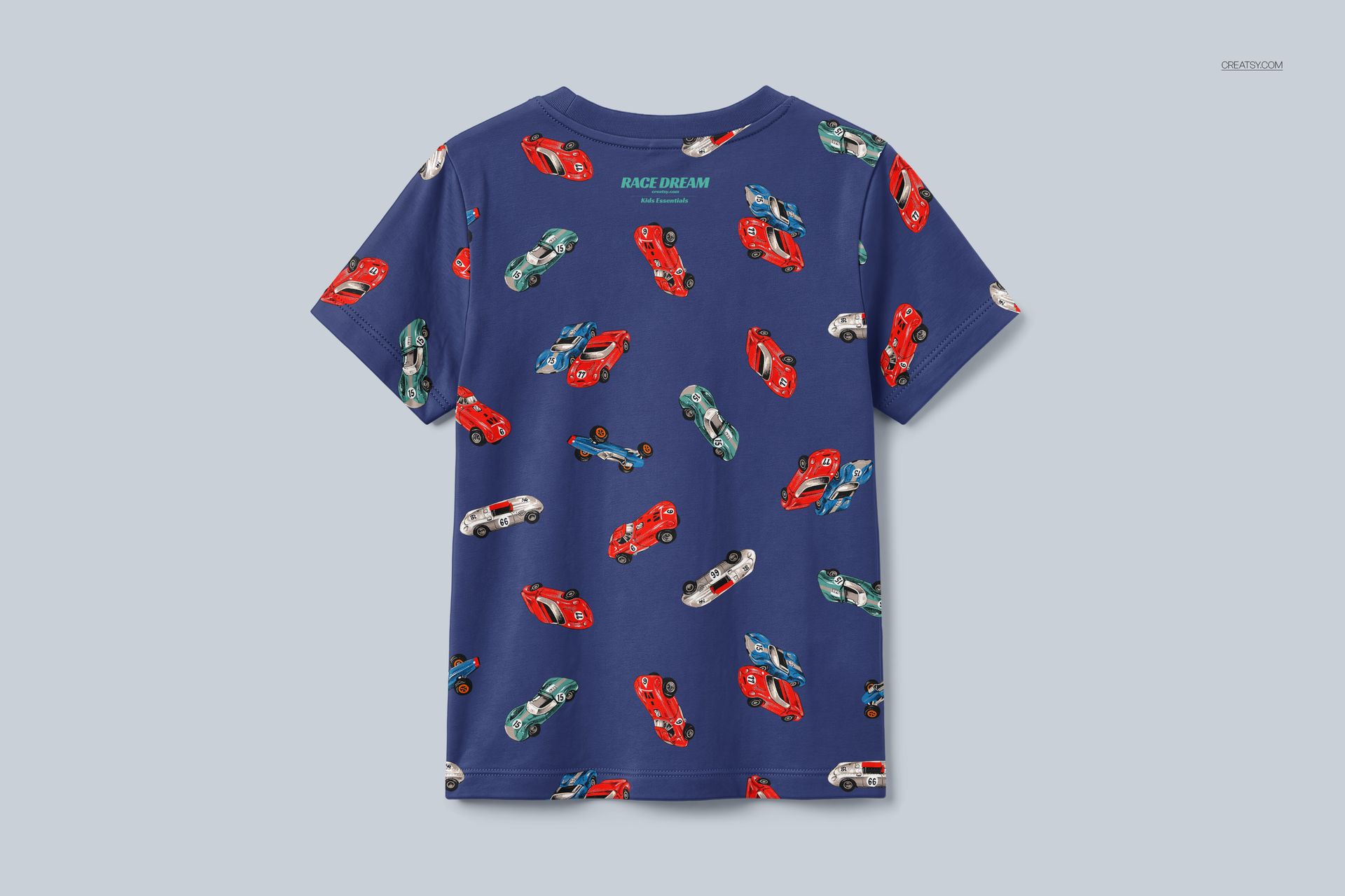 PSD mockup of a kids’ blue pyjama top decorated with small race car graphics, displayed against a plain background.