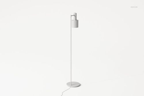 Minimalist geometric floor lamp with cylindrical shade and slim pole, shown on a plain white background, front view.
