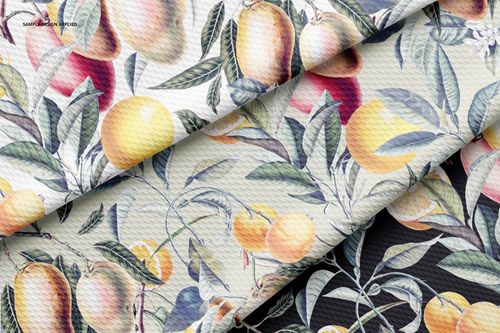Layered bullet fabric mockup featuring watercolor-style fruit and foliage designs on light and dark backgrounds.
