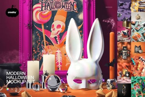 Front view of a Halloween-themed PSD mockup set with a bunny mask, candles, skull poster, and festive props.