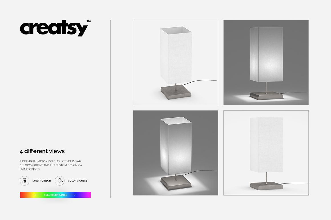 Rectangular white lampshade mockup set shown in four views with gray metal base and cord on neutral backgrounds.