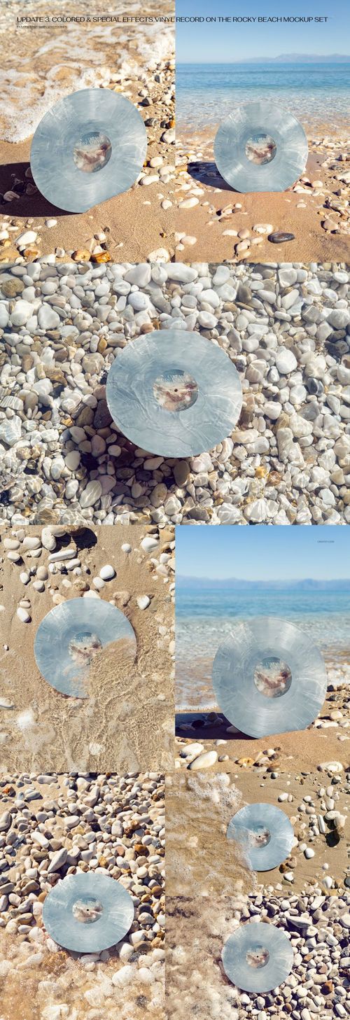 Transparent vinyl record mockup shown on sand and pebbles by the sea, featuring natural outdoor lighting.