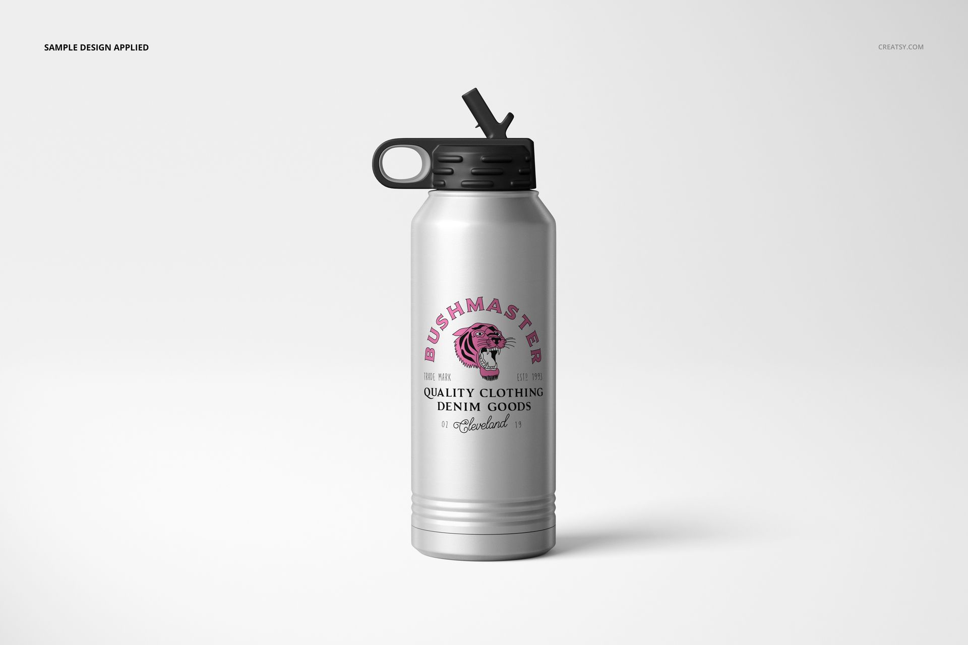 Front view of a 32 oz. stainless steel water bottle mockup with a black cap, placed against a light backdrop.
