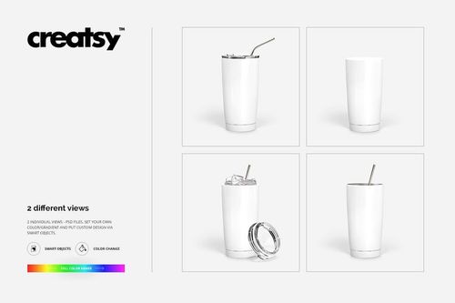 Four powder coated tumbler mockups in white, shown from different angles with removable lid and straw on a plain background.