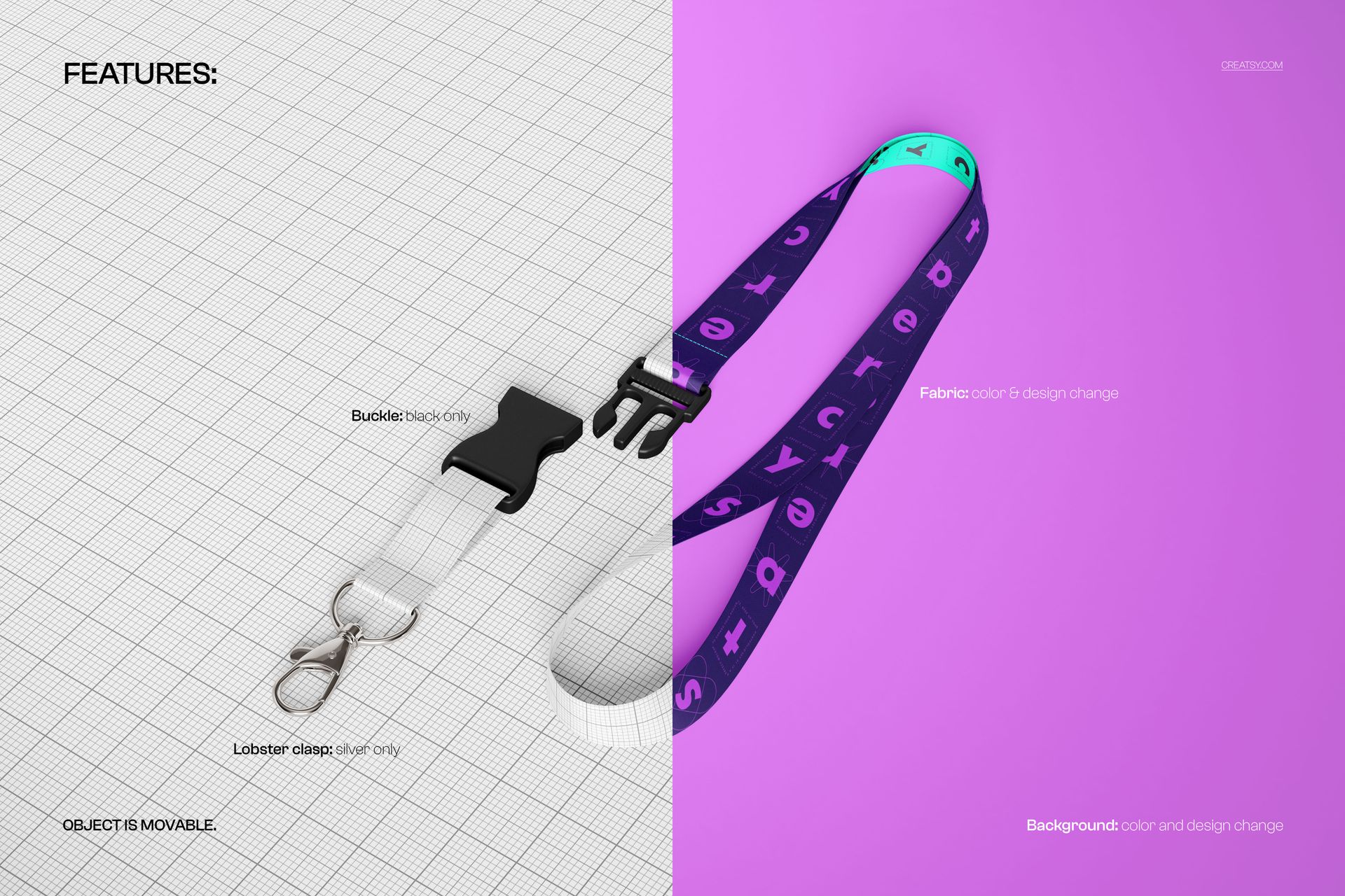 Detachable lanyard mockup set featuring a split view with one side showing a plain lanyard on a grid background and the other side displaying a patterned lanyard on a purple surface.