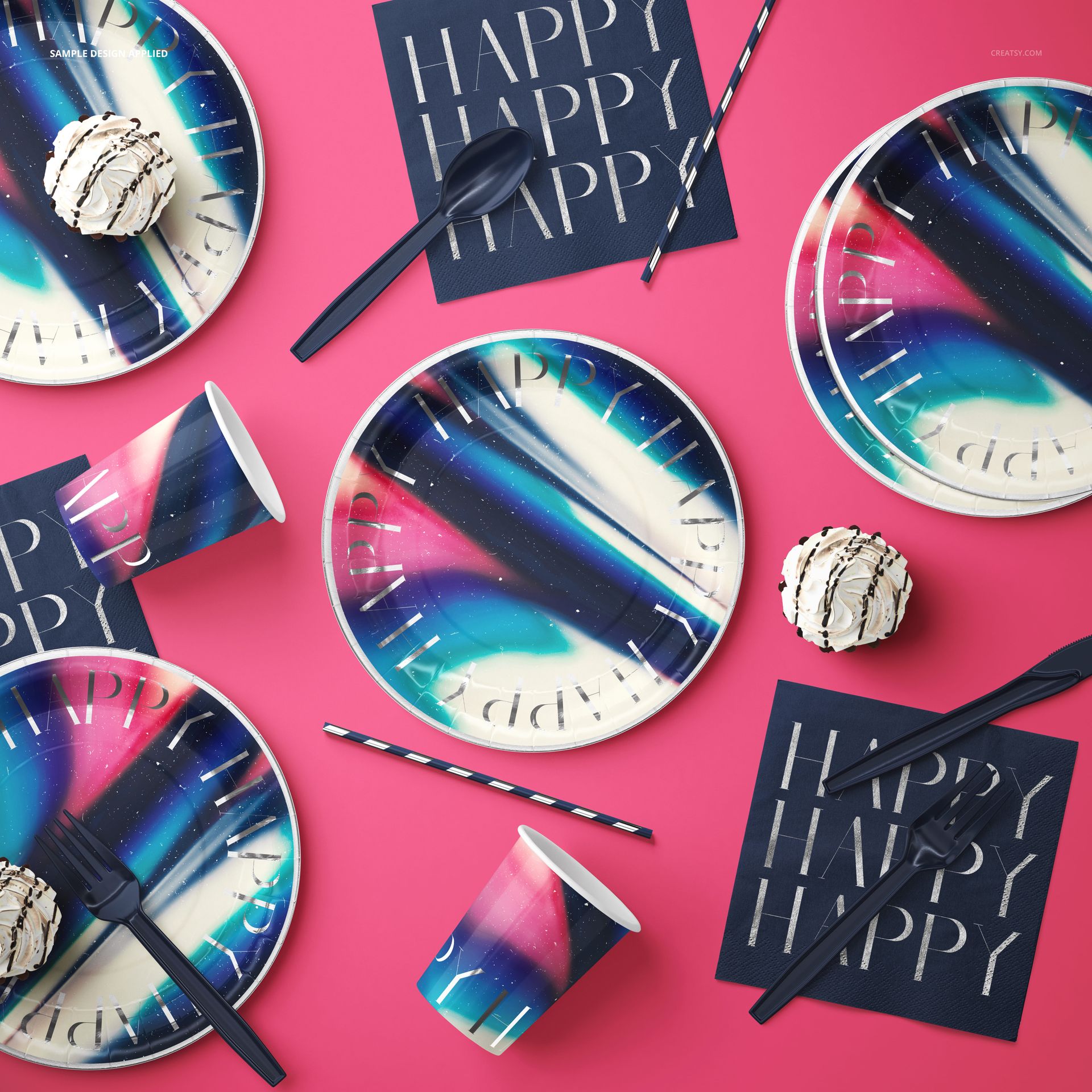 PSD mockup of party supplies featuring paper tableware, striped straws, and whipped cream desserts on a pink surface.