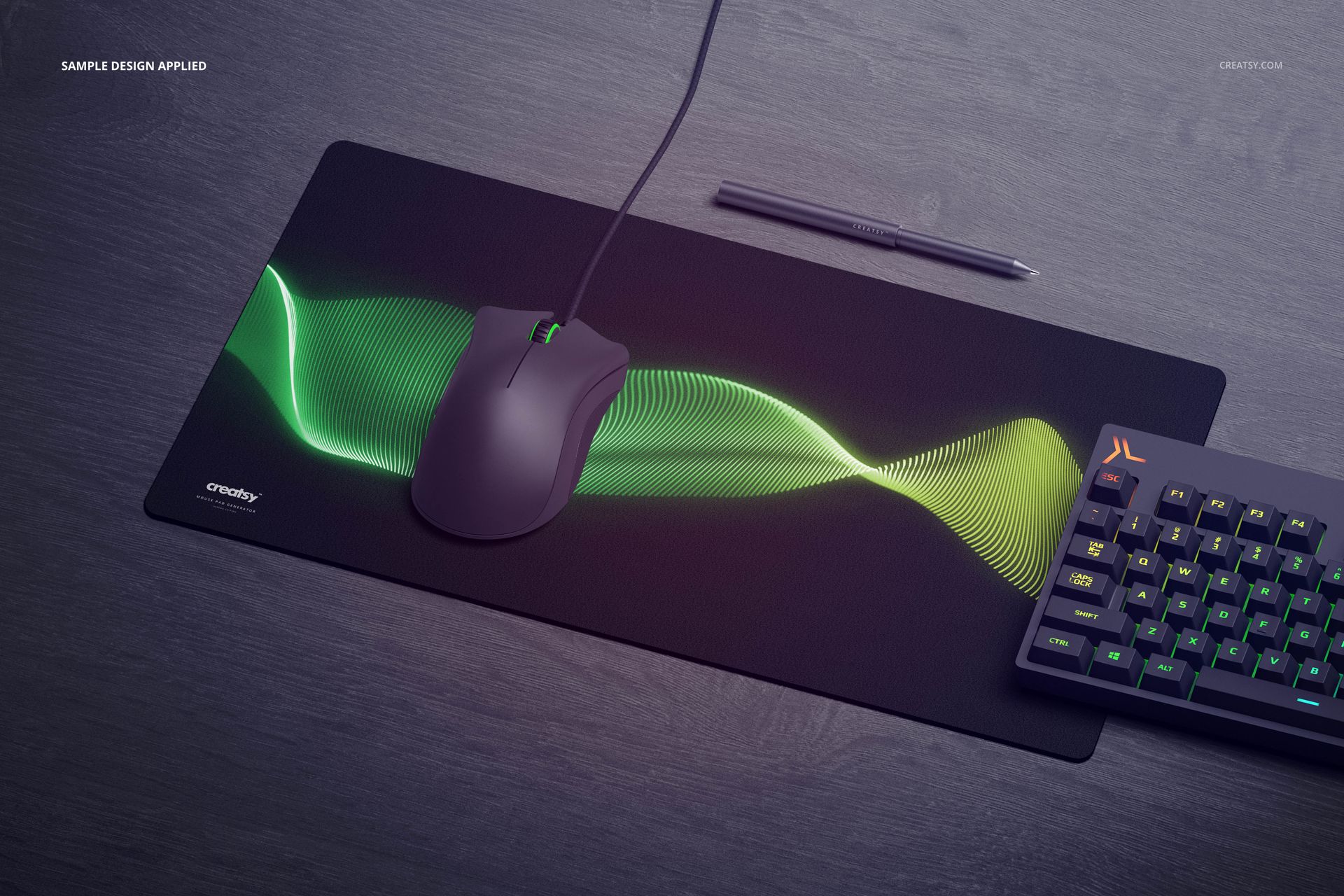 Rectangular gaming mouse pad mockup with green wave pattern, shown in top view on a dark desk with keyboard and pen.