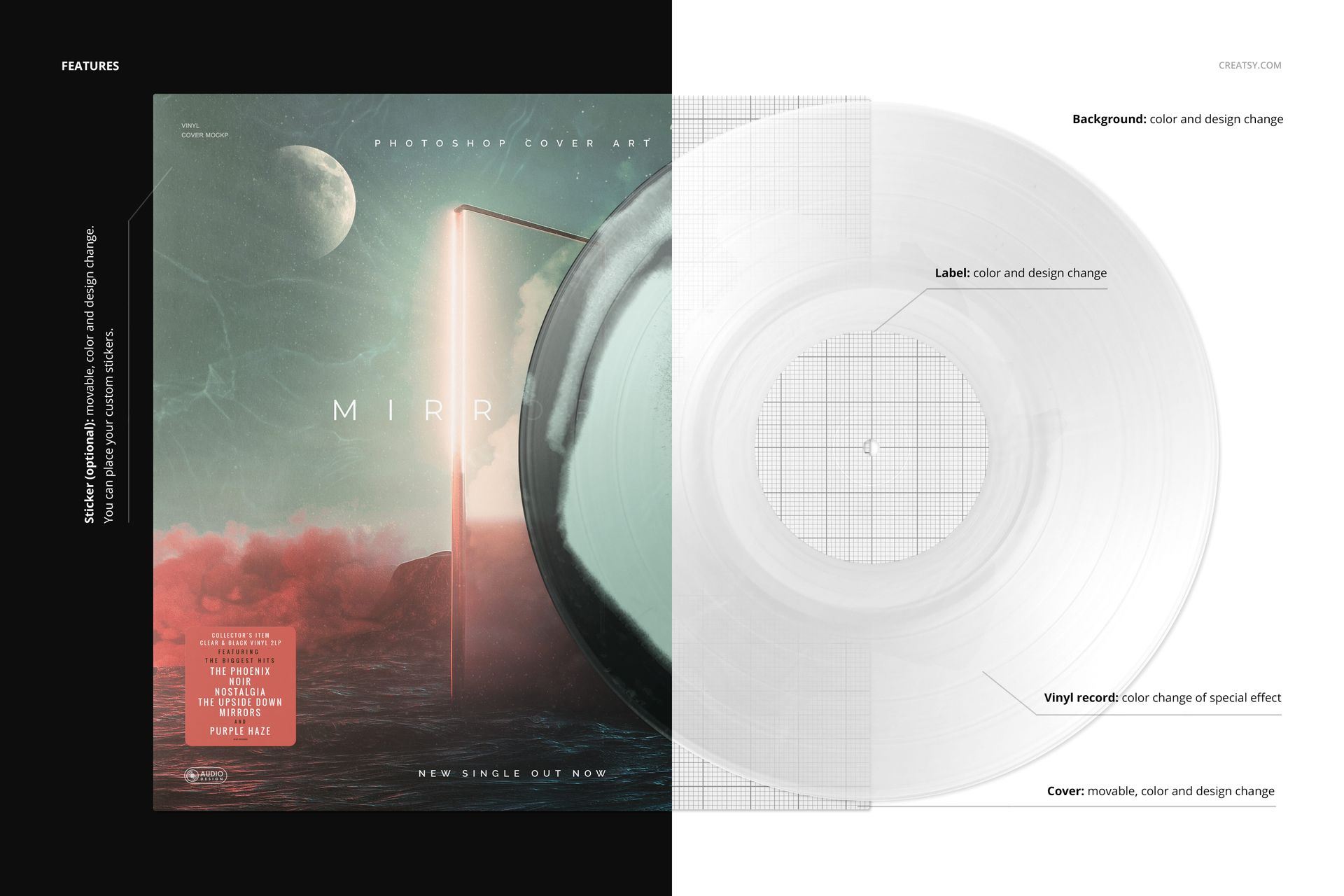 Front view of a swirl effect vinyl record and cover mockup with a transparent record and cosmic-themed cover art.